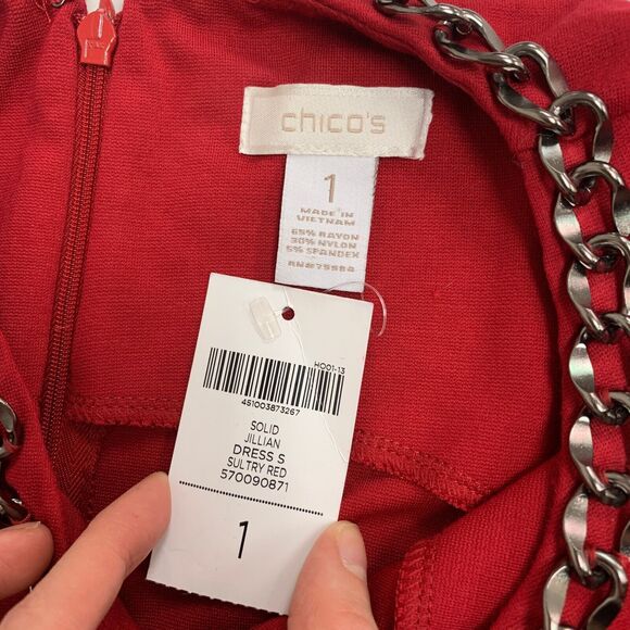 Chicos Jillian Shift Dress Womens 1 Red Back Zip Sleeveless Nylon Chain Neckline - Picture 8 of 11